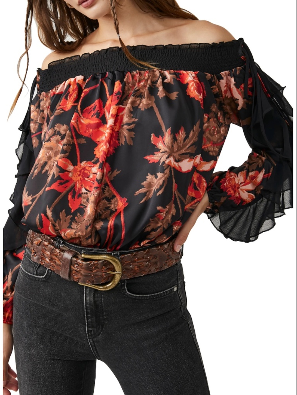 Free People Born to Love Floral Print Off the Shoulder Bodysuit Size L